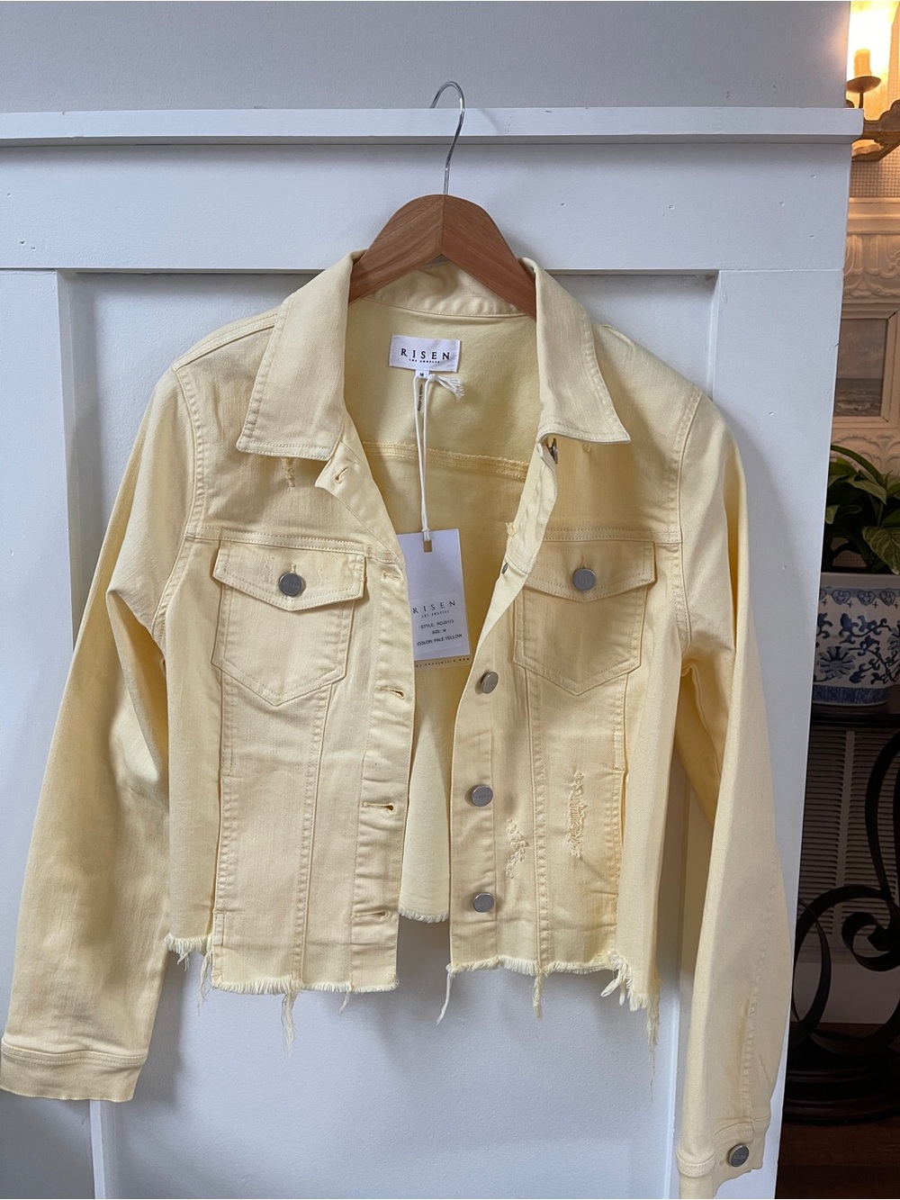 Risen Pale Butter Yellow Distressed Denim Jacket Medium NWT Cropped Raw Hem